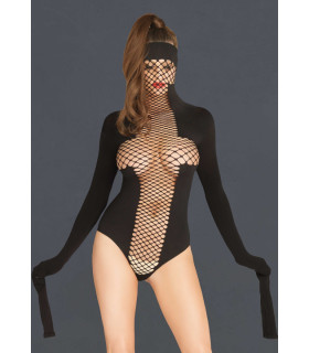 Эротическое боди для БДСМ крупная сетка, с удлиненными рукавами, с закрытым лицом Leg Avenue черное, O/S - No Taboo