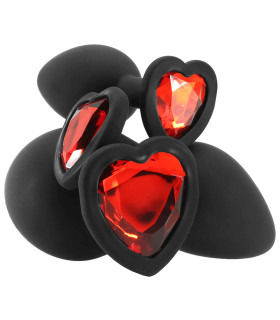 Набор анальных пробок с красными камнями в форме сердца Blush черный, 3 шт - No Taboo