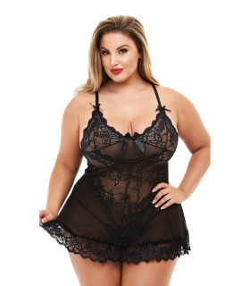 Сексуальный пеньюар Baci Mini Lace Chemise, XL, кружевной, полупрозрачный, черный - No Taboo