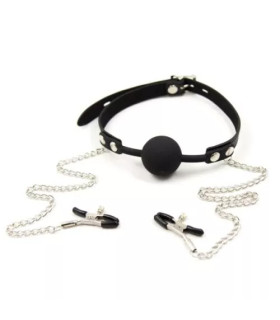 Кляп-шарик с зажимами на соски Fetish Locking gag with nipple clamps черный - No Taboo