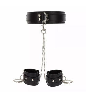 Широкий ошейник с наручниками и цепью Taboom черные - No Taboo