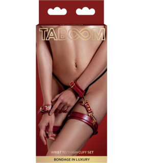 Фиксаторы на бедра с наручниками и карабинами Taboom красные, с золотистой фурнитурой - No Taboo