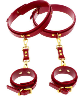 Фиксаторы на бедра с наручниками и карабинами Taboom красные, с золотистой фурнитурой - No Taboo