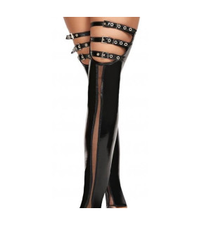 Сексуальные виниловые чулки 7HEAVEN, S/M, с открытыми носками, с ремешками, черные - No Taboo