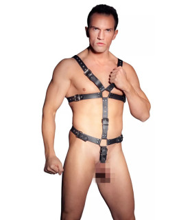 Сбруя мужская, с кольцом на член ZADO, S-L, кожаная, черная - No Taboo