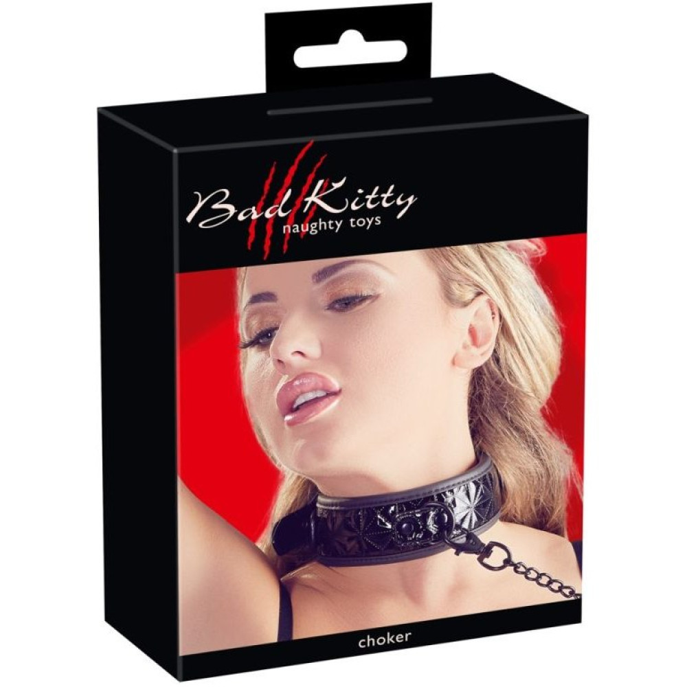 Ошейник широкий с поводком Bad Kitty с тиснением, черный (214018), zoom