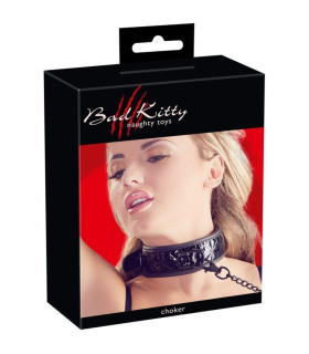 Ошейник широкий с поводком Bad Kitty с тиснением, черный - No Taboo