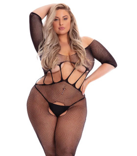 Эротический комбинезон Pink Lipstick Amplify Crotchless, Plus Size, в мелкую сетку, черный - No Taboo