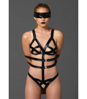 Эротический боди для БДСМ Leg Avenue, OS, с наручниками и маской, черный - No Taboo