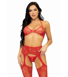 Сексуальный комплект Leg Avenue Rhinestone, OS, из трех частей, со стразами, в мелкую сетку, красный - No Taboo