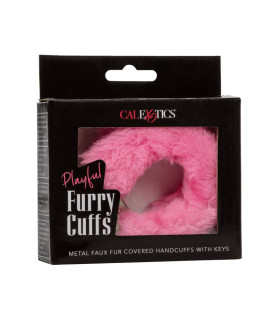 Наручники с мехом CalExotics с цепью, розовые - No Taboo