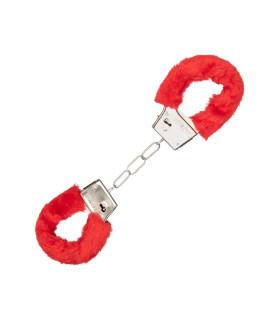 Наручники с мехом CalExotics с цепью, красные - No Taboo