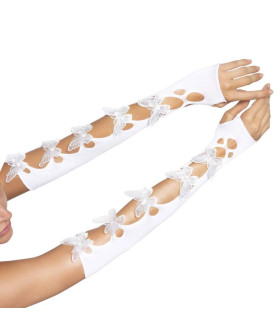 Перчатки с бабочками, с открытыми пальцами Leg Avenue, OS, высокие, белые - No Taboo