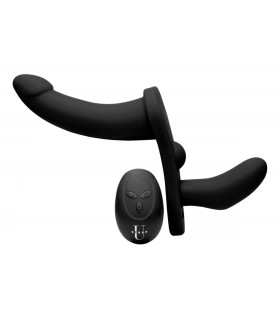 Страпон с двойным проникновением, с вибрацией, с дистанционным пультом Double Take Strap-On на ремнях, черный, 27.3 х 4.3 см - No Taboo