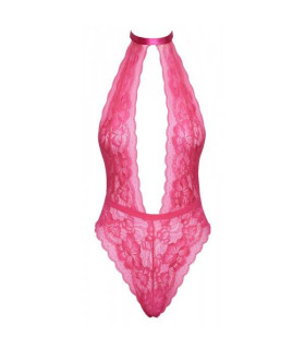 Сексуальное боди кружевное с глубоким декольте, L/XL, Kissable розовое - No Taboo