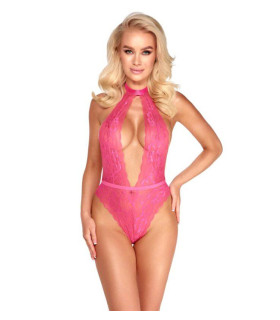 Сексуальное боди кружевное с глубоким декольте, L/XL, Kissable розовое - No Taboo