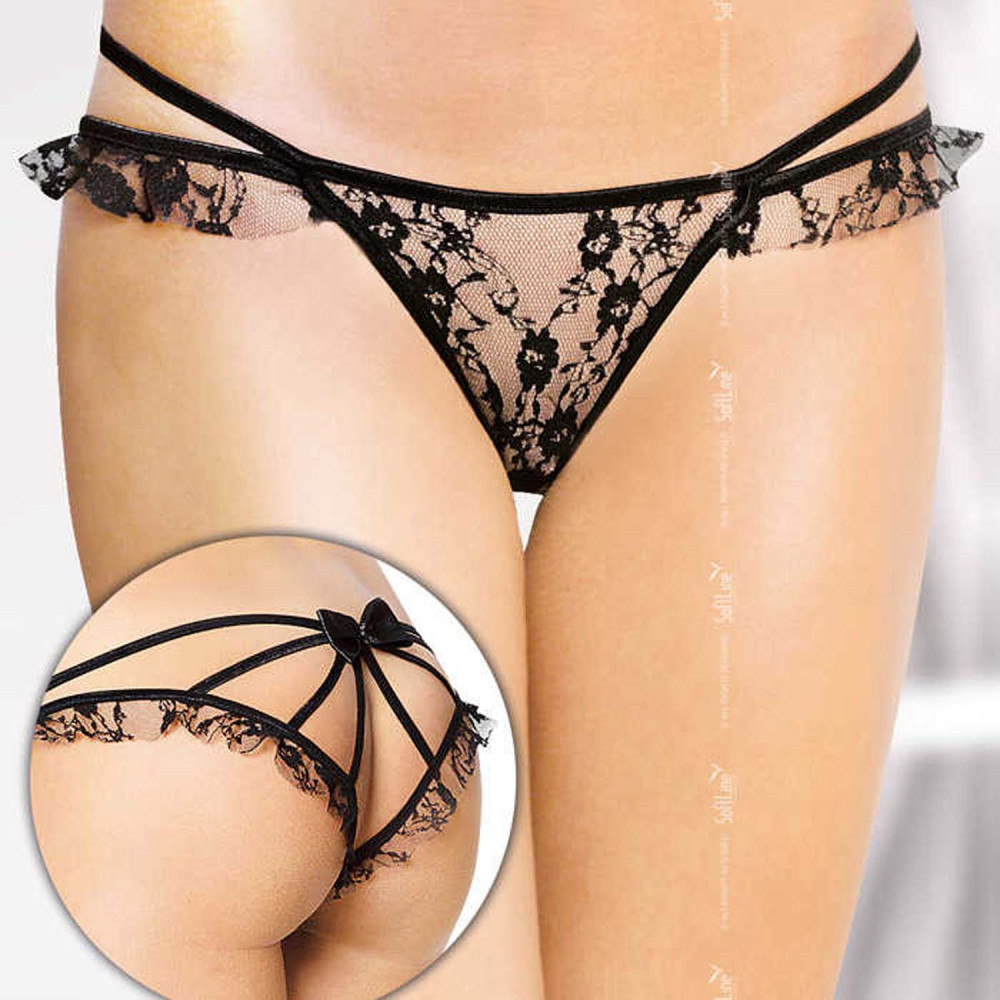 Сексуальные трусики кружевные черные, с открытой попой и с атласным бантиком S/M (35034), zoom