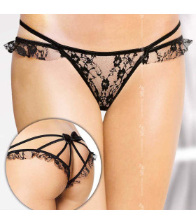 Сексуальные трусики кружевные черные, с открытой попой и с атласным бантиком S/M - No Taboo