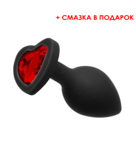 Анальная пробка силиконовая с красным сердцем Runya черная со смазкой в подарок, размер S 7.5 x 2.8см - No Taboo