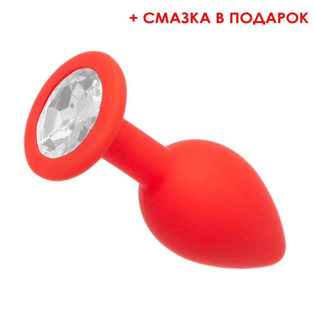 Анальная пробка с прозрачным стразом, красная (смазка в подарок), S, 7.5 х 2.8 см (43463), zoom