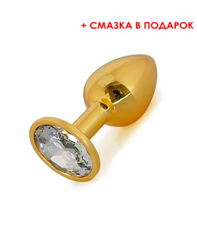 Анальная пробка, M, с белым камнем, золотая, (смазка в подарок), 8.5 х 3.5 см - No Taboo