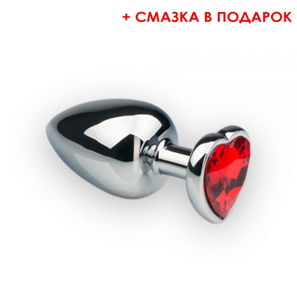 Анальная пробка, М, с камнем в форме сердца (смазка в подарок) Silver Ruby (31786), zoom
