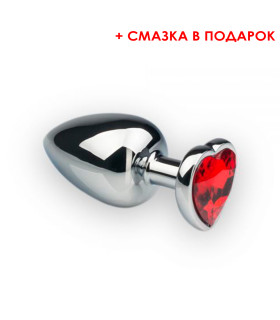 Анальная пробка, М, с камнем в форме сердца (смазка в подарок) Silver Ruby - No Taboo