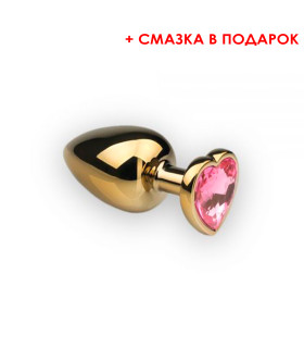 Металлическая анальная пробка, М, сердце (смазка в подарок),Gold Heart Pink Topaz - No Taboo