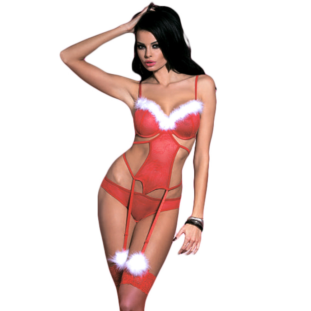 Боди с чулками Sunspice украшенное искусственным мехом, бело-красное, L-XL (28438), zoom