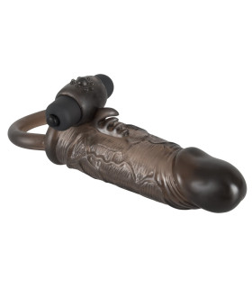 Насадка, що подовжує з вібрацією та утяжкою на мошонку 16 см Rebel Extension Slim Fit Penissleeve, чорна - No Taboo