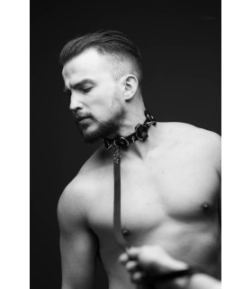 Нашийник з повідцем, з кільцями та шипами Candy Hero M-Ch3.1 натуральна шкіра, чоловічий, чорний - No Taboo