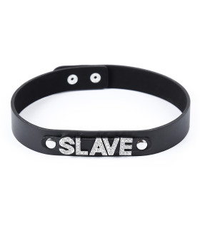 Ошейник из искусственной кожи IDEA SM с надписью SLAVE со стразами, черный, 2 см - No Taboo