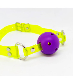 Кляп-шарик фиолетовый с неоново-салатовыми ремешками - No Taboo