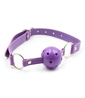 Кляп-шарик с отверстиями, кожзам и пластик, фиолетовый - No Taboo