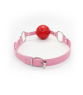 Кляп червона кулька, рожеві ремінці, діаметр 4.5 см - No Taboo
