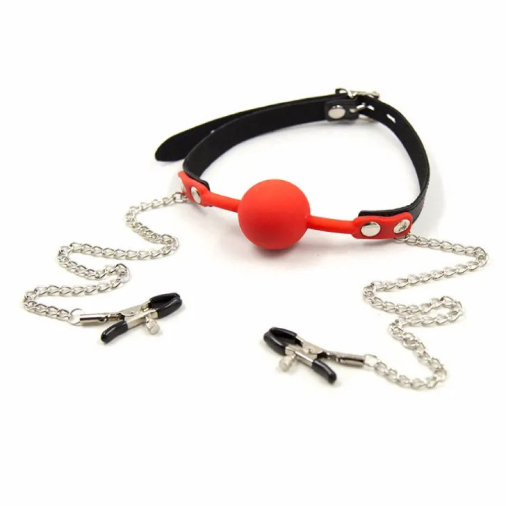 Кляп с зажимами на соски Fetish, красный шарик, с замком (205297), zoom