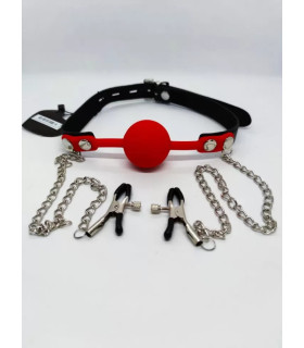 Кляп с зажимами на соски Fetish, красный шарик, с замком - No Taboo