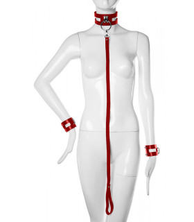 Ошейник с поводком и наручниками One Size Fet25,Candy Hero натуральная кожа, красные - No Taboo