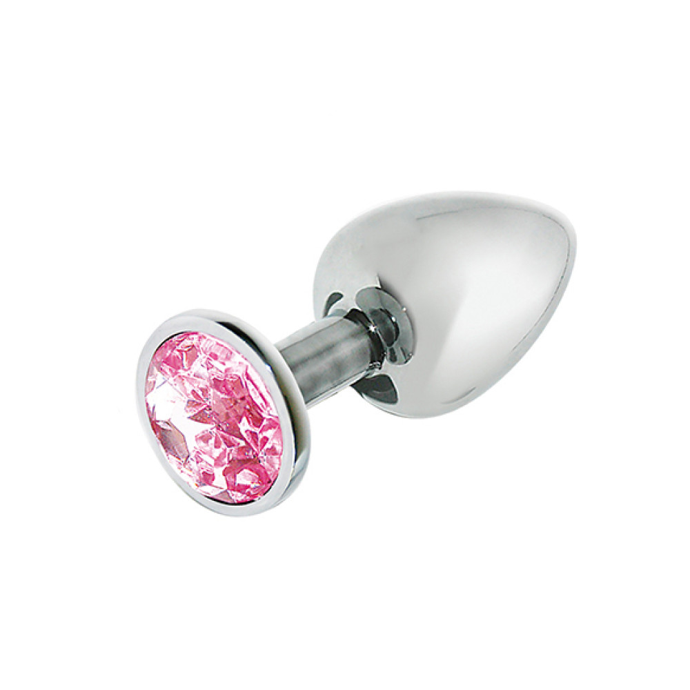 Анальная пробка металлическая, с розовым камнем, 8 см х 3 см (размер М) (39302), zoom
