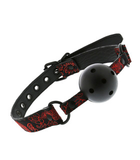 Кляп пластиковий на чорному ремінці з червоною вишивкою, DELUXE BLAZE - No Taboo