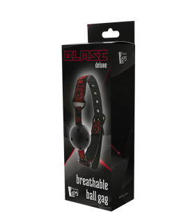 Кляп пластиковий на чорному ремінці з червоною вишивкою, DELUXE BLAZE - No Taboo