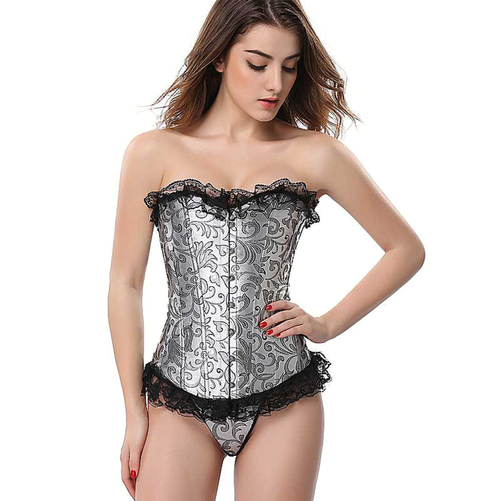 Корсет еротичний з атласу сріблястий з мереживом розмір S (23994), zoom