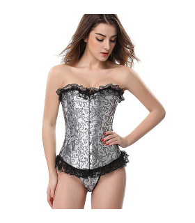 Корсет эротический из атласа серебристый с кружевом размер L - No Taboo