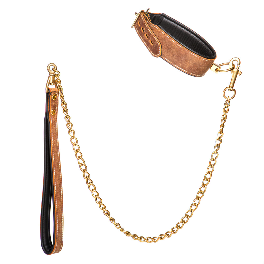 Нашийник з повідцем коричневий з латунним ланцюжком, італійська шкіра, ручна робота, Голландія (35129), zoom