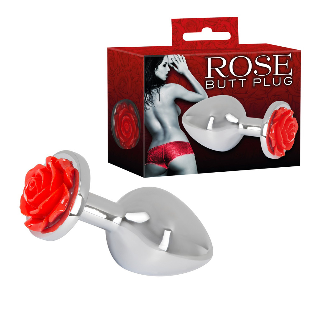 Анальная пробка, 3.4 см х 9 см, металлическая, с красной розой, Rose Butt Plug (38039), zoom
