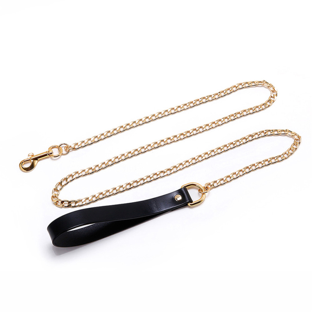 Поводок, итальянская кожа, с металлической цепью, Leather Cosplay Leash UPKO, черно-золотой, (38334), zoom