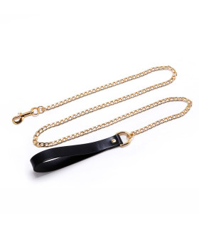 Поводок, итальянская кожа, с металлической цепью, Leather Cosplay Leash UPKO, черно-золотой, - No Taboo