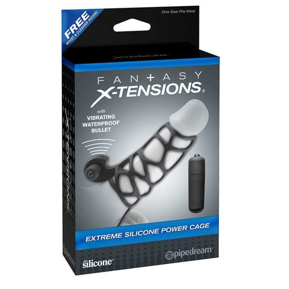 Ерекційна вібронасадка на пеніс Pipedream Fantasy X-tensions з кільцем на мошонку, чорна, 12 х 4 см (28827), zoom