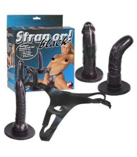 Страпон з трьома чорними насадками з кріпленням на трусиках - No Taboo