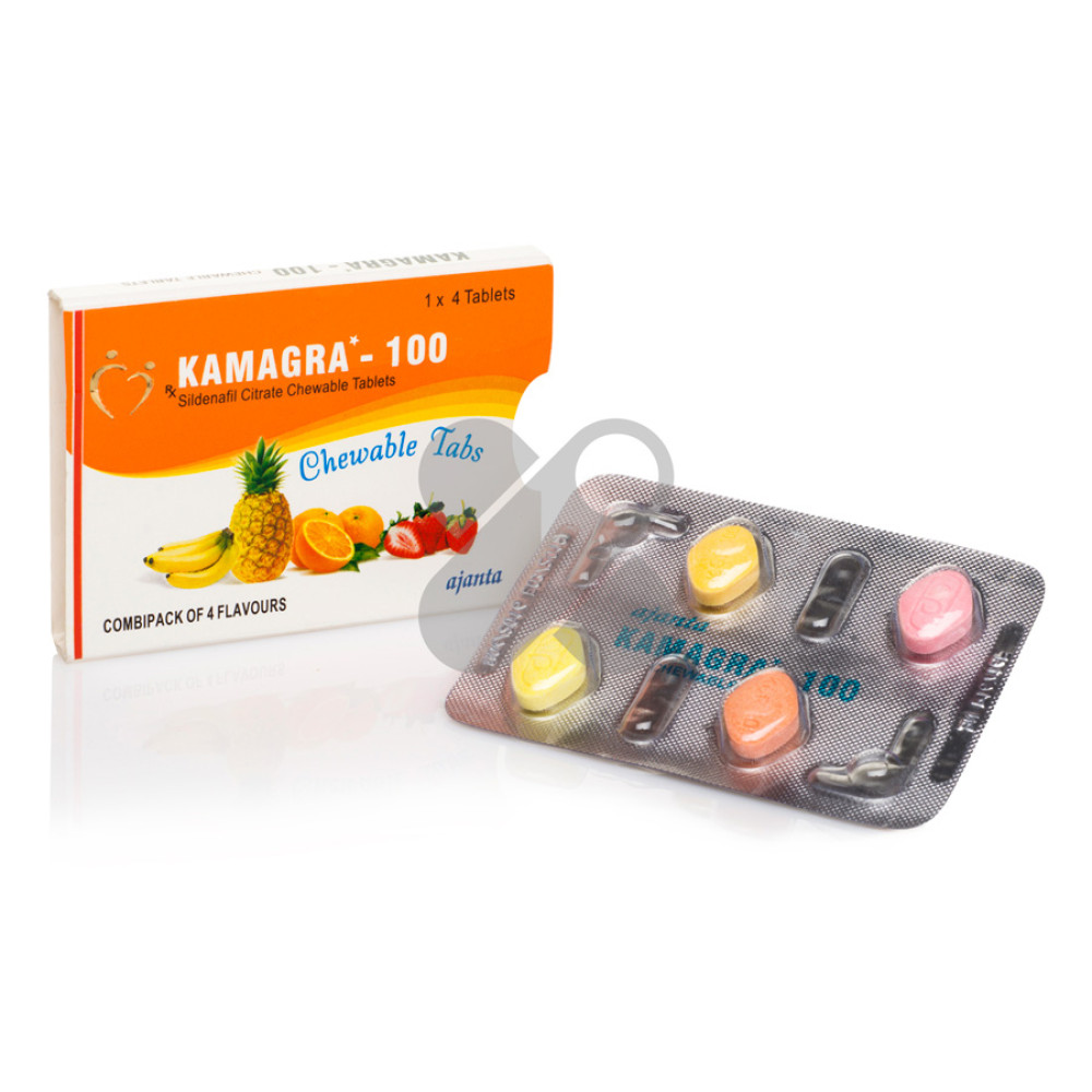 Таблетки для эрекции Kamagra 100 Chewable Tablets со вкусом тропических фруктов, 4 шт (31287), zoom